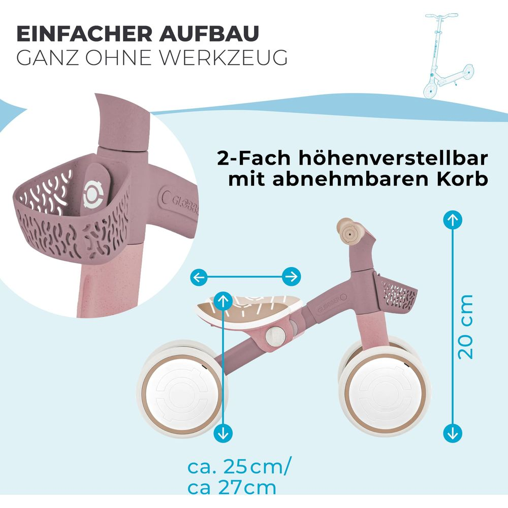 Bicicletta senza pedali viola con cestino, alta 20 cm, lunga 25-27 cm.