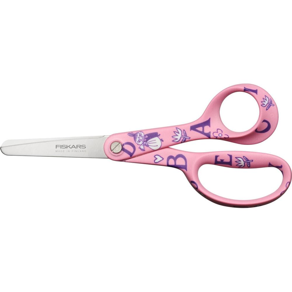 Pinke Kinderschere mit Mumin-Motiv und Buchstaben, Fiskars, Finnland