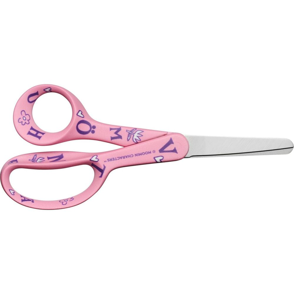 Eine pinke Schere mit lila Buchstaben und Blumenmustern.