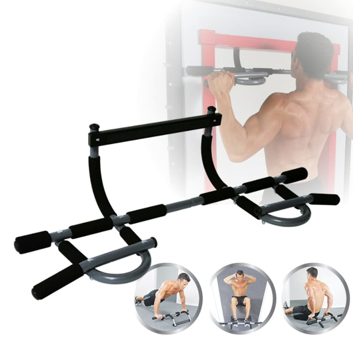 Ein Mann macht Klimmzüge an einer Türreckstange. Kleine Kreise zeigen Liegestütze, Crunches und Dips.