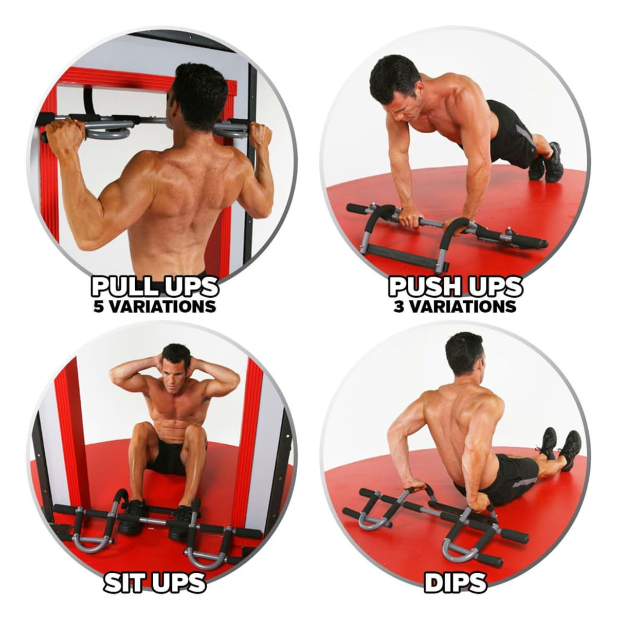 Mann macht Klimmzüge, Liegestütze, Sit-ups und Dips an einem Fitnessgerät.