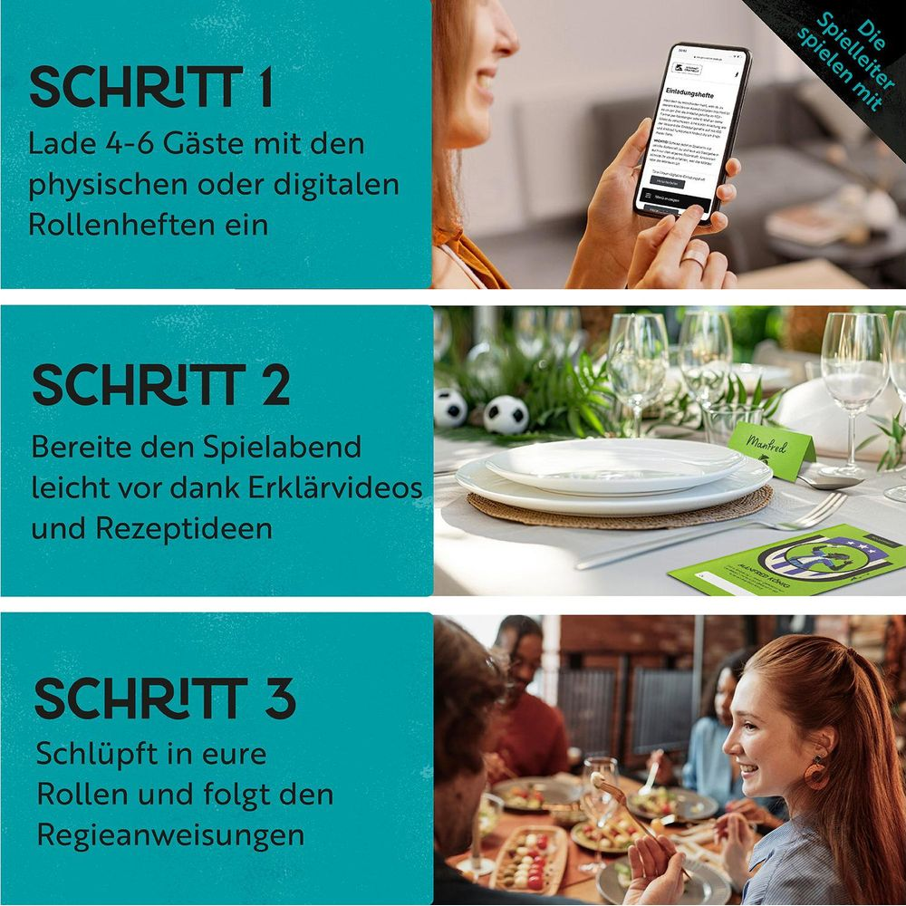 Drei Schritte zur Spielvorbereitung: Einladen, vorbereiten, Rollen spielen.