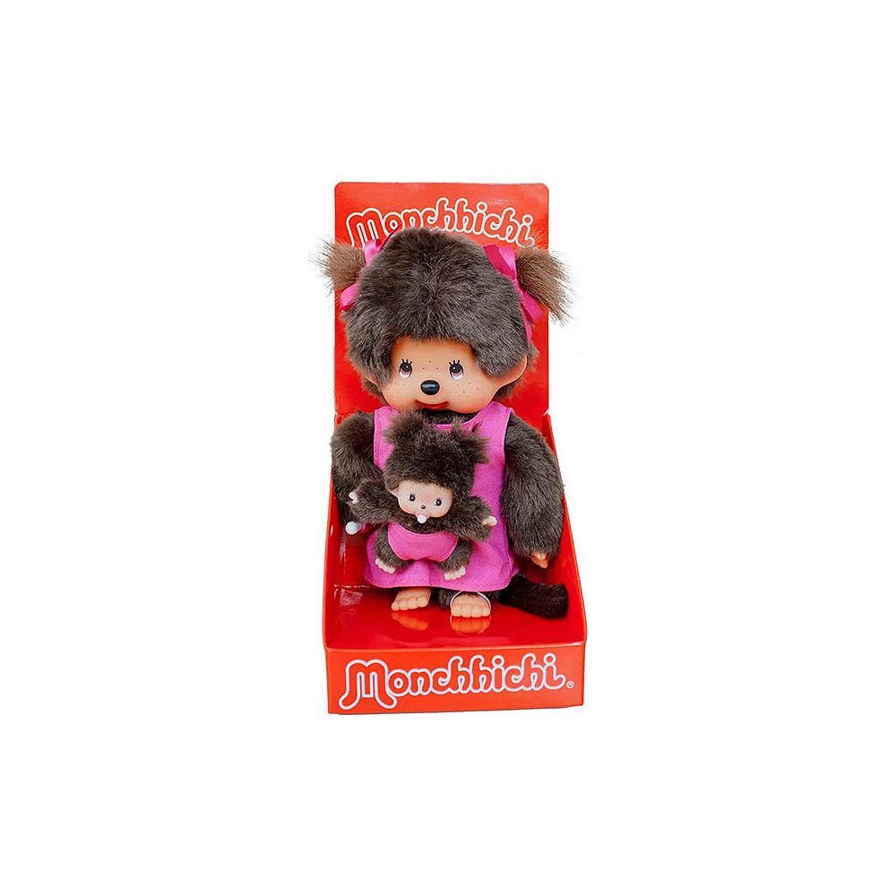 Ein Monchhichi-Spielzeug in pinker Verpackung mit einem größeren und einem kleineren Affen.