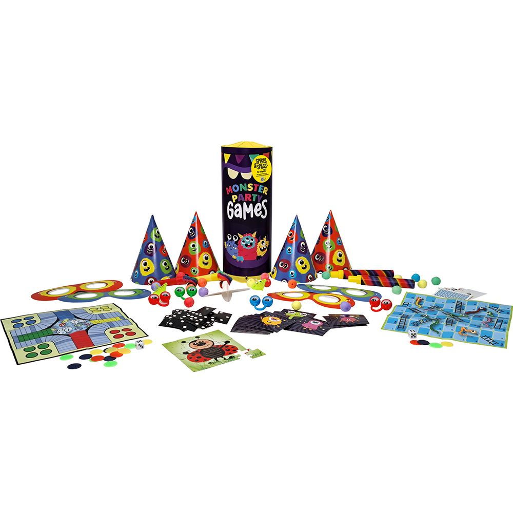 Monster Party Spiele: Hüte, Bälle, Karten, Spiele und mehr auf weißem Hintergrund.
