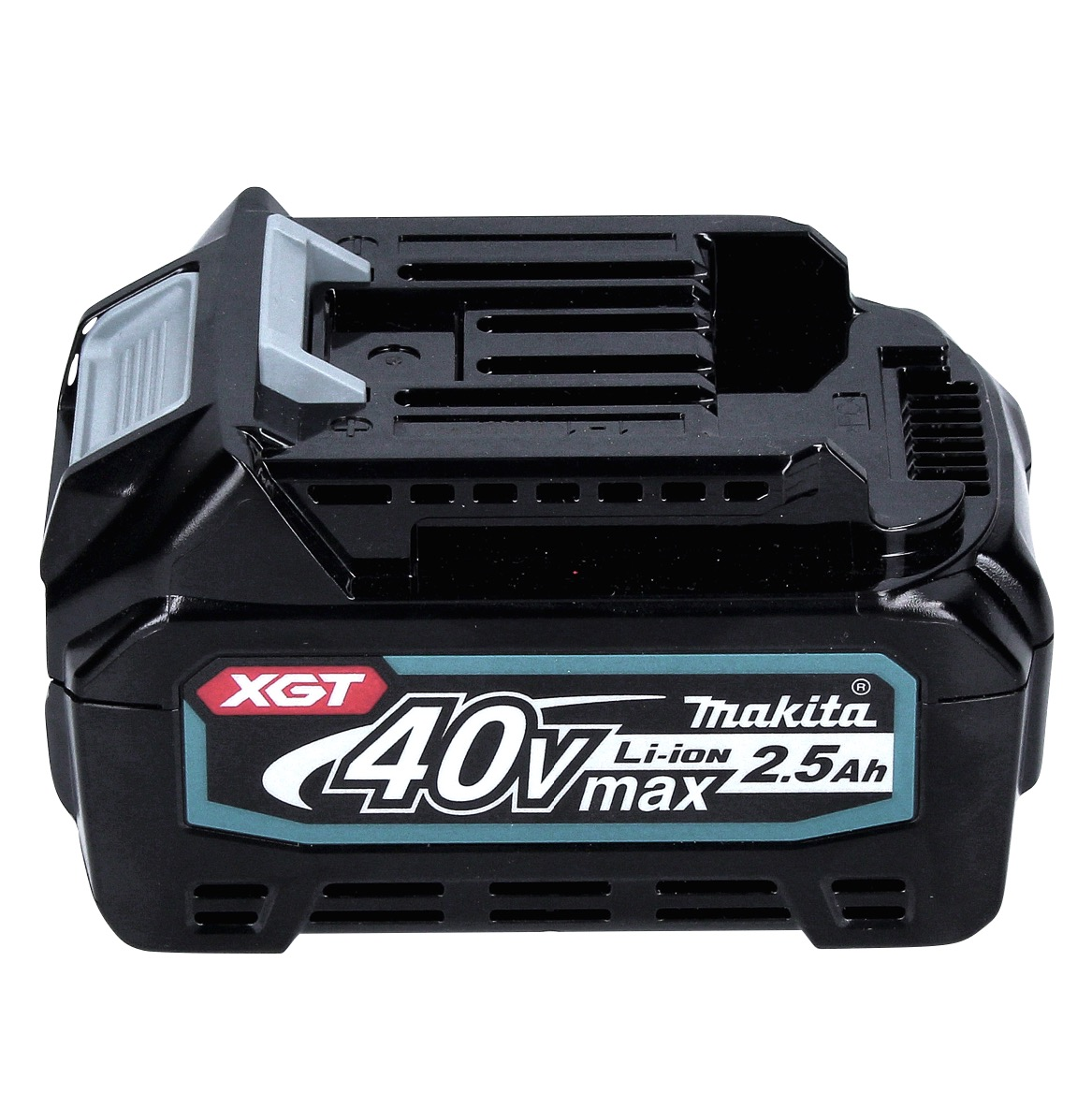 Schwarzer Makita 40V Max Li-Ion 2.5Ah XGT Werkzeugakku mit grauem Riegel.