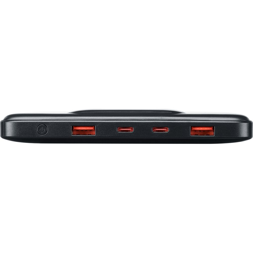 Batterie externe noire avec ports USB rouges et un symbole de bouton d'alimentation.
