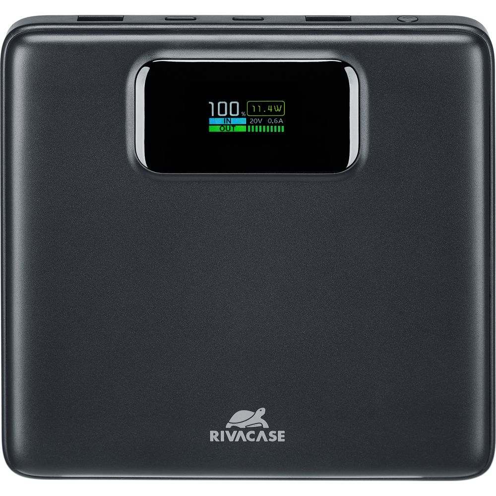 Batterie externe RIVACASE noire affichant 100% de batterie et 11,4W.