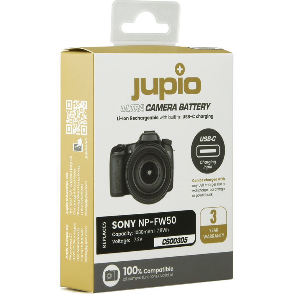 Embalaje de batería Jupio para cámara mostrando Sony NP-FW50, con carga USB-C.