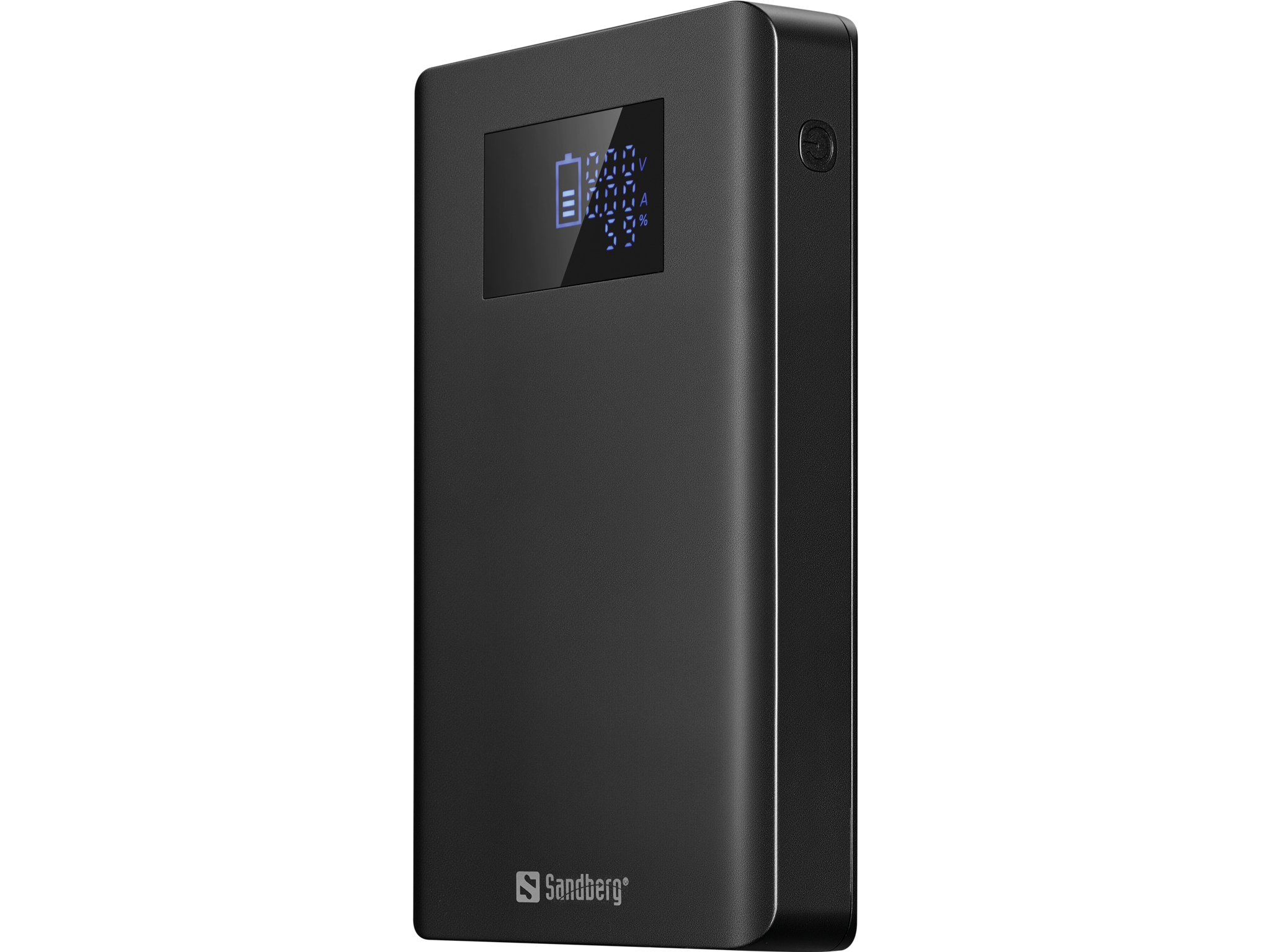 Schwarzes Sandberg Powerbank mit digitalem Display, das einen Akku und Prozente anzeigt.