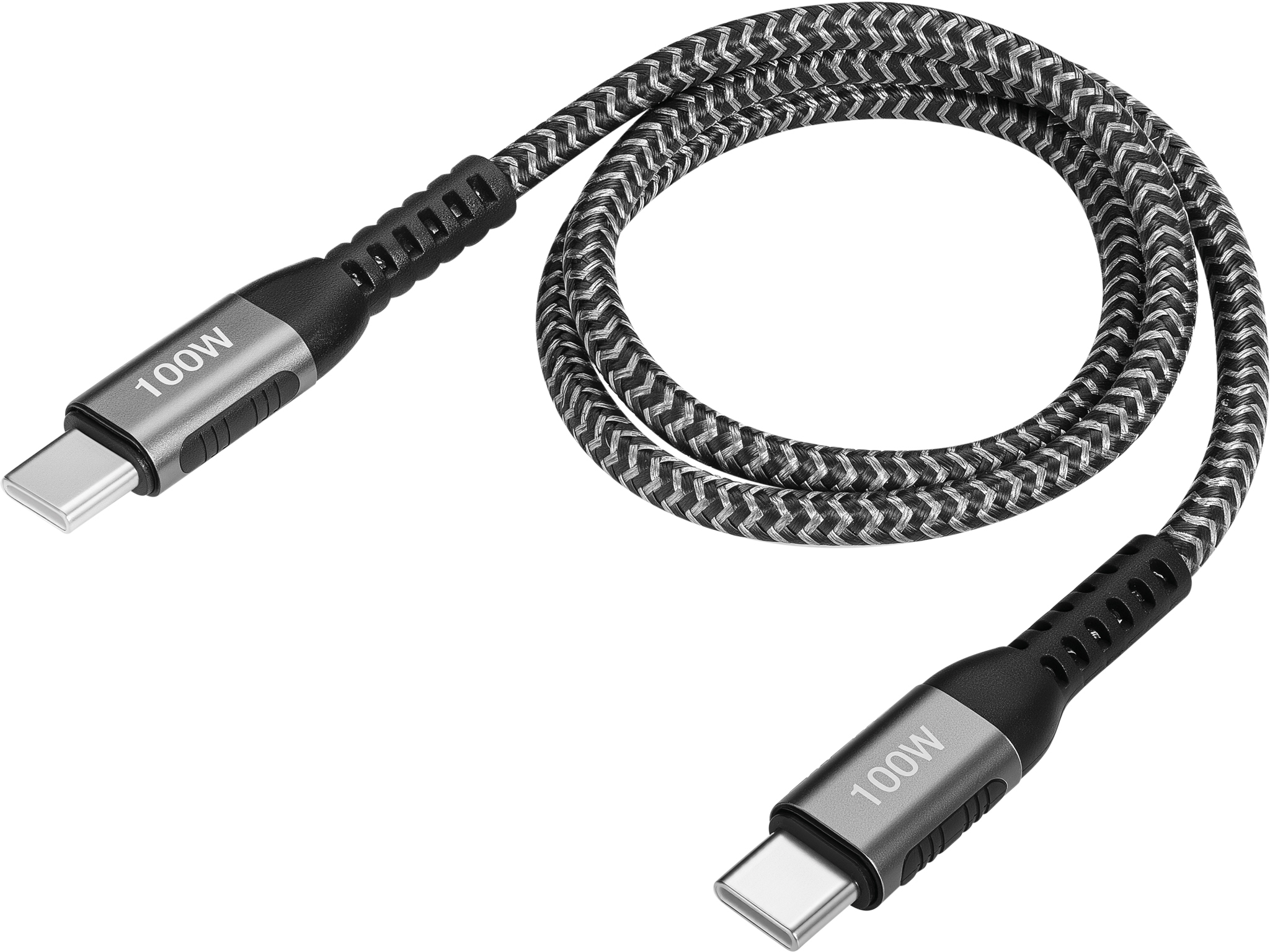 Ein USB-C-Kabel mit 100W-Markierung und einem geflochtenen Muster.