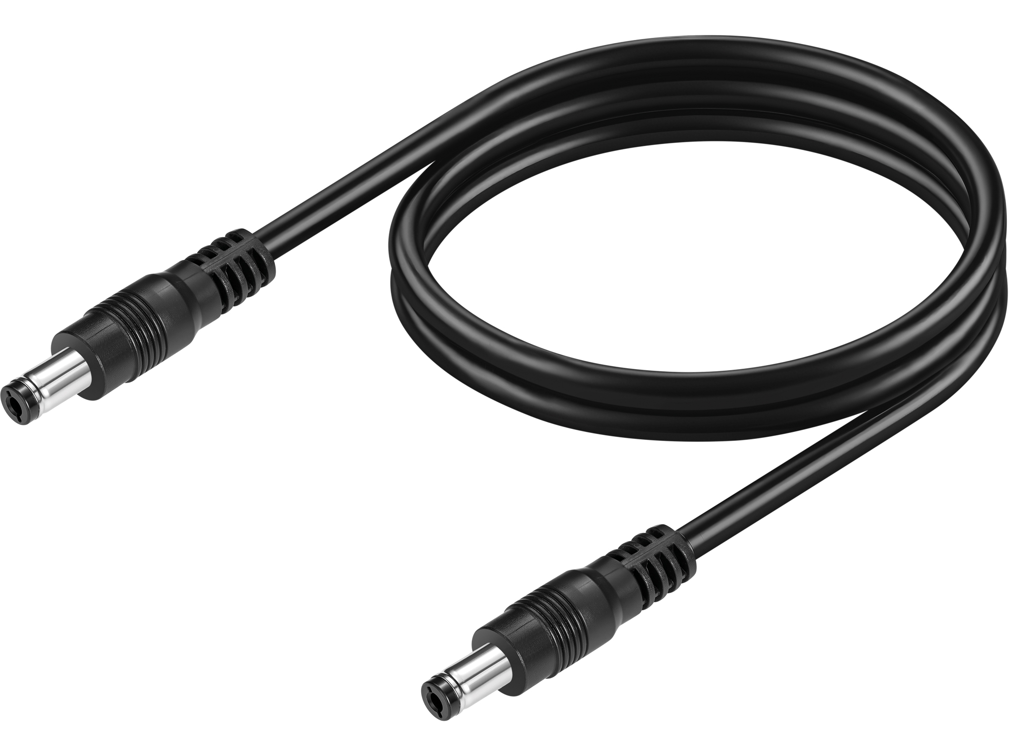 Schwarzes Kabel mit zwei runden Steckern, auf weißem Hintergrund.