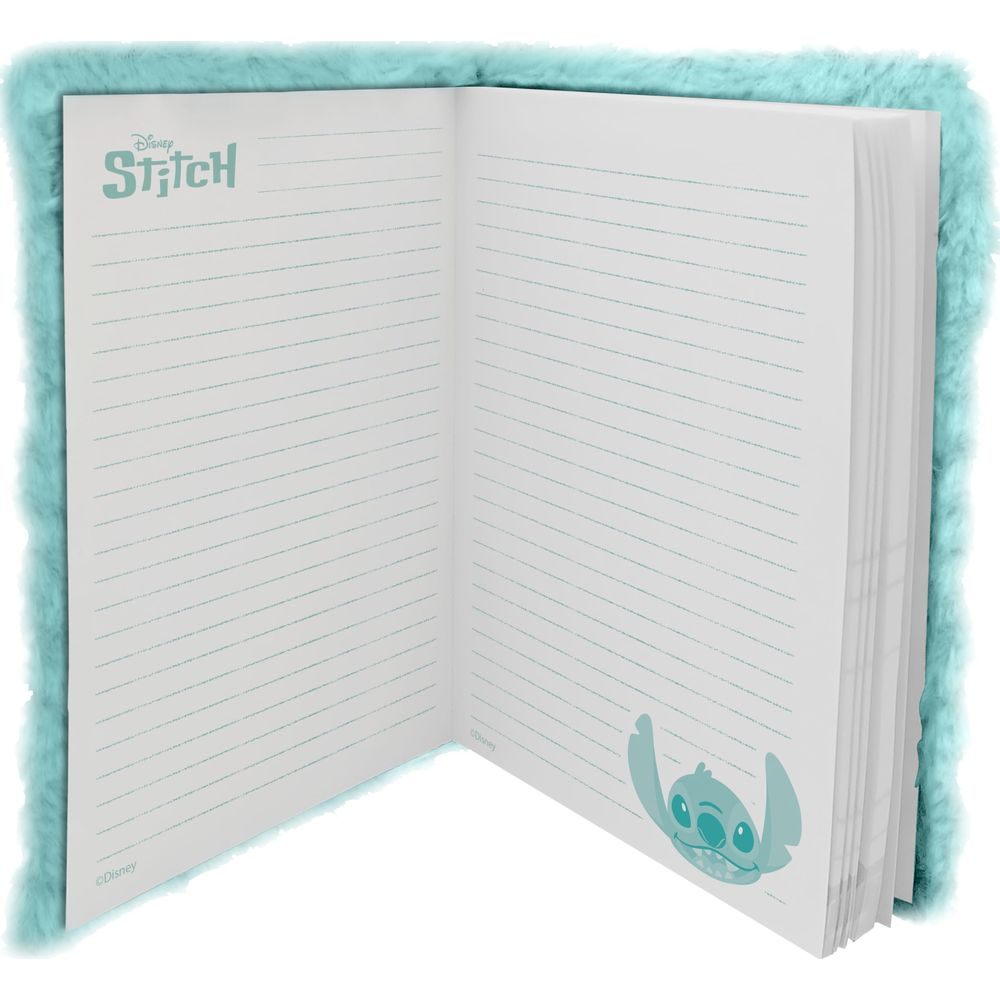 Ein aufgeschlagenes Notizbuch mit blauem Plüschrand und Stitch-Motiv.