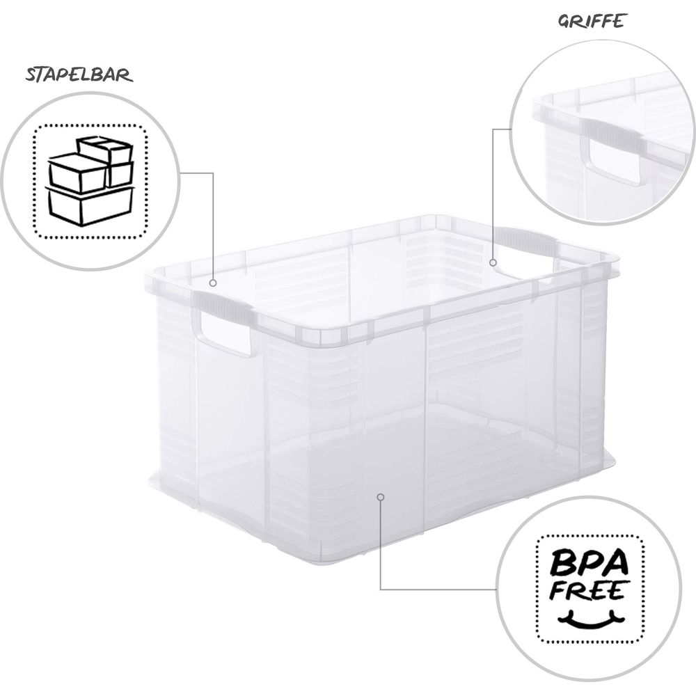 Transparenter Stapelbehälter mit Griffen und BPA-freier Kennzeichnung.