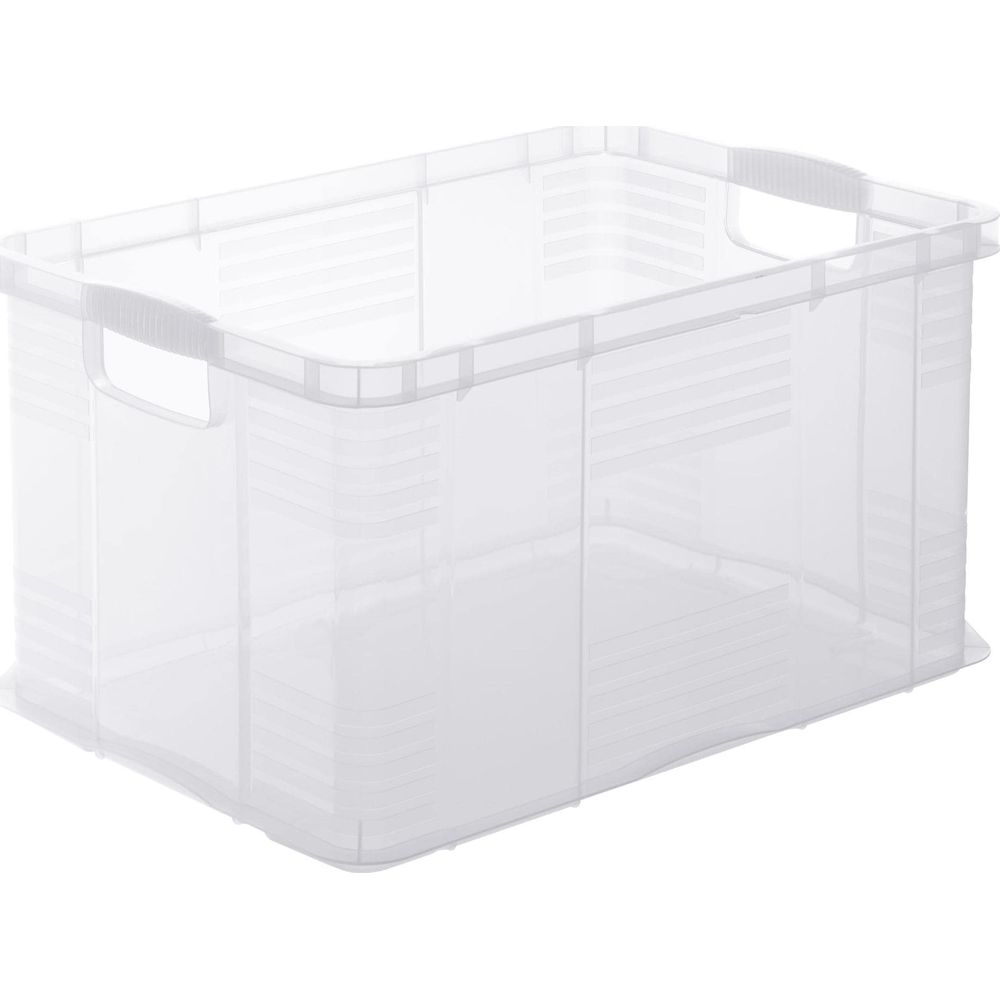 Ein transparenter, rechteckiger Kunststoffbehälter mit Griffen an beiden kurzen Seiten.