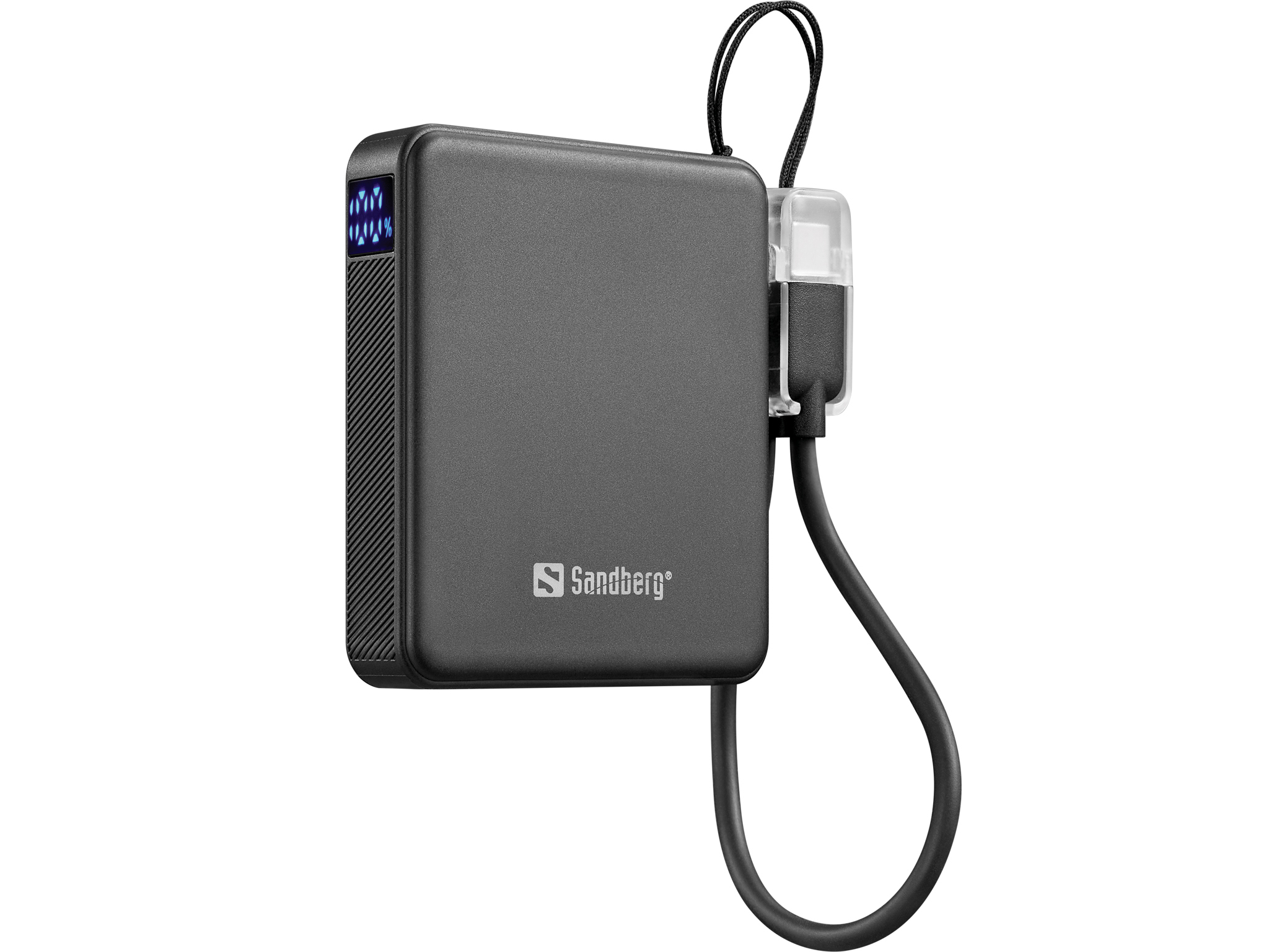 Batterie externe Sandberg grise avec câble et indicateur de charge.