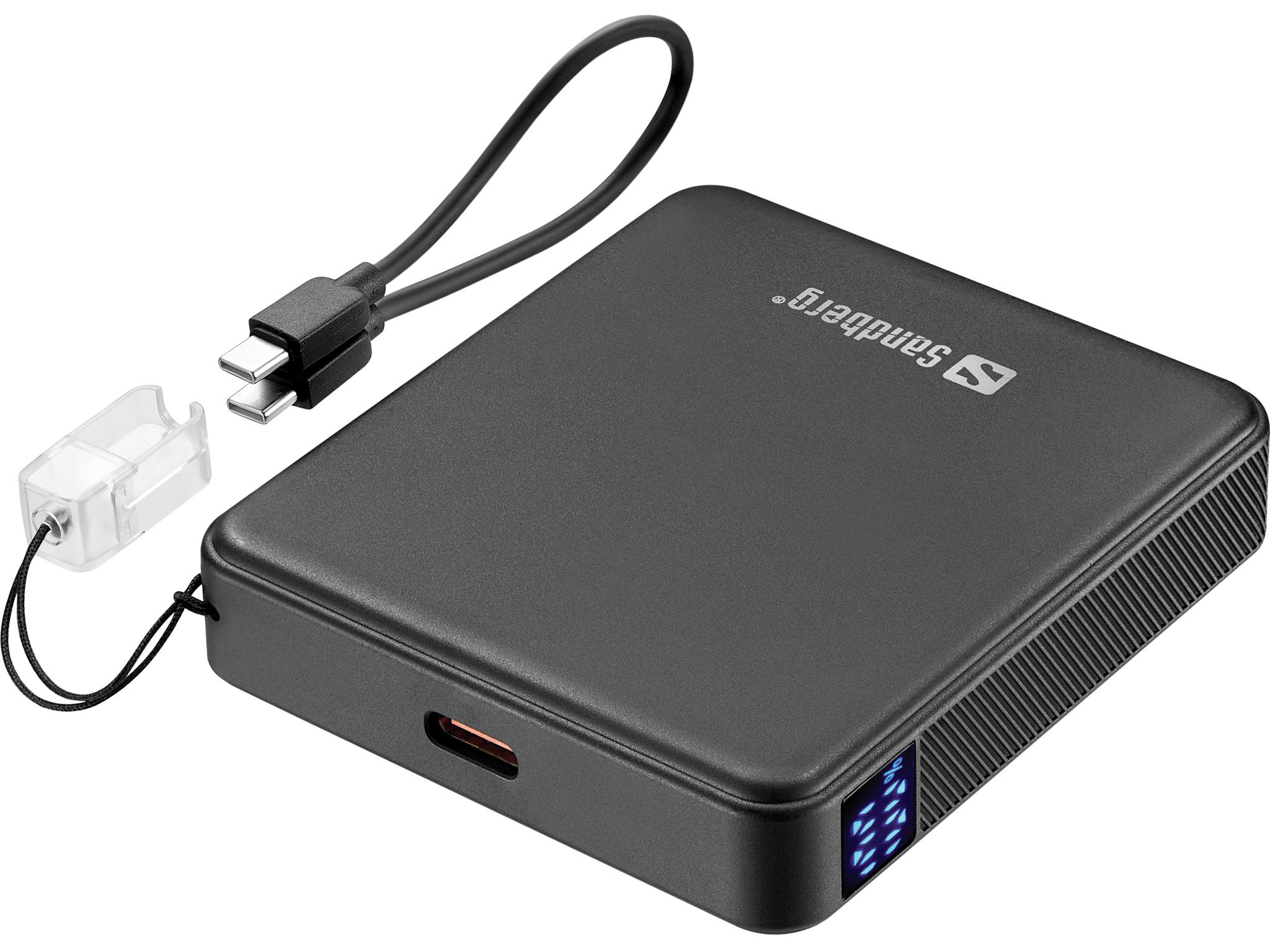 Batterie externe Sandberg noire avec câble USB-C et capuchon transparent. Affichage numérique.
