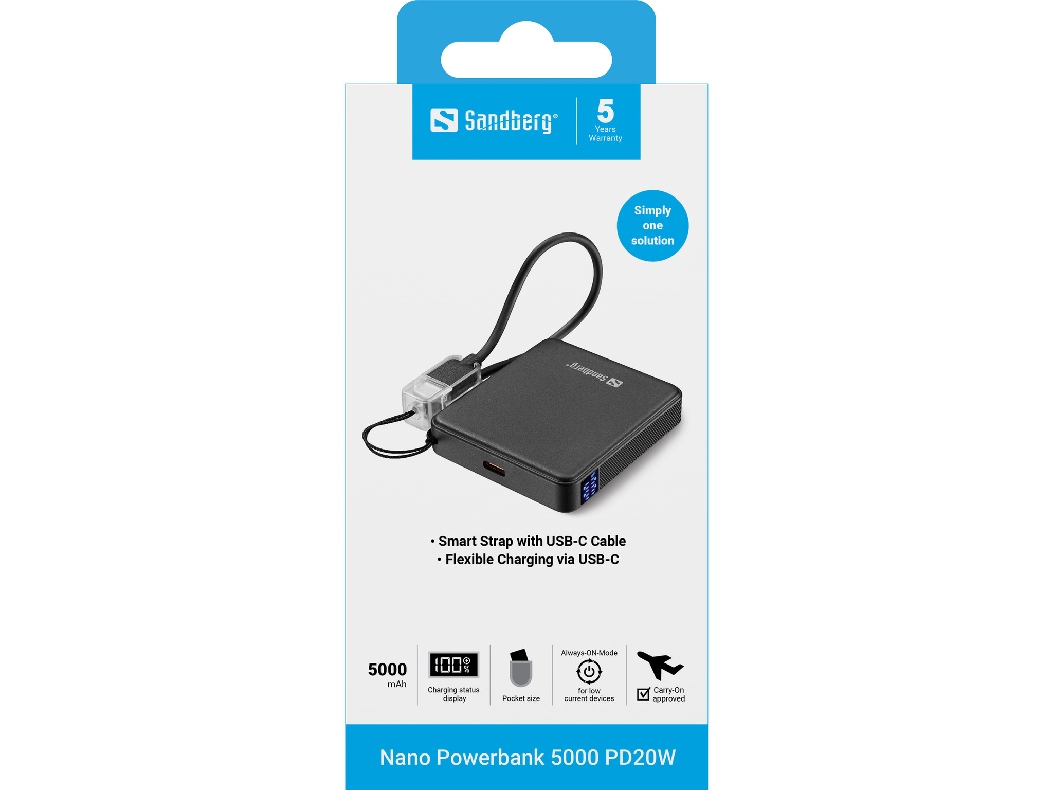 Powerbank noire Sandberg Nano 5000 avec câble USB-C et écran.