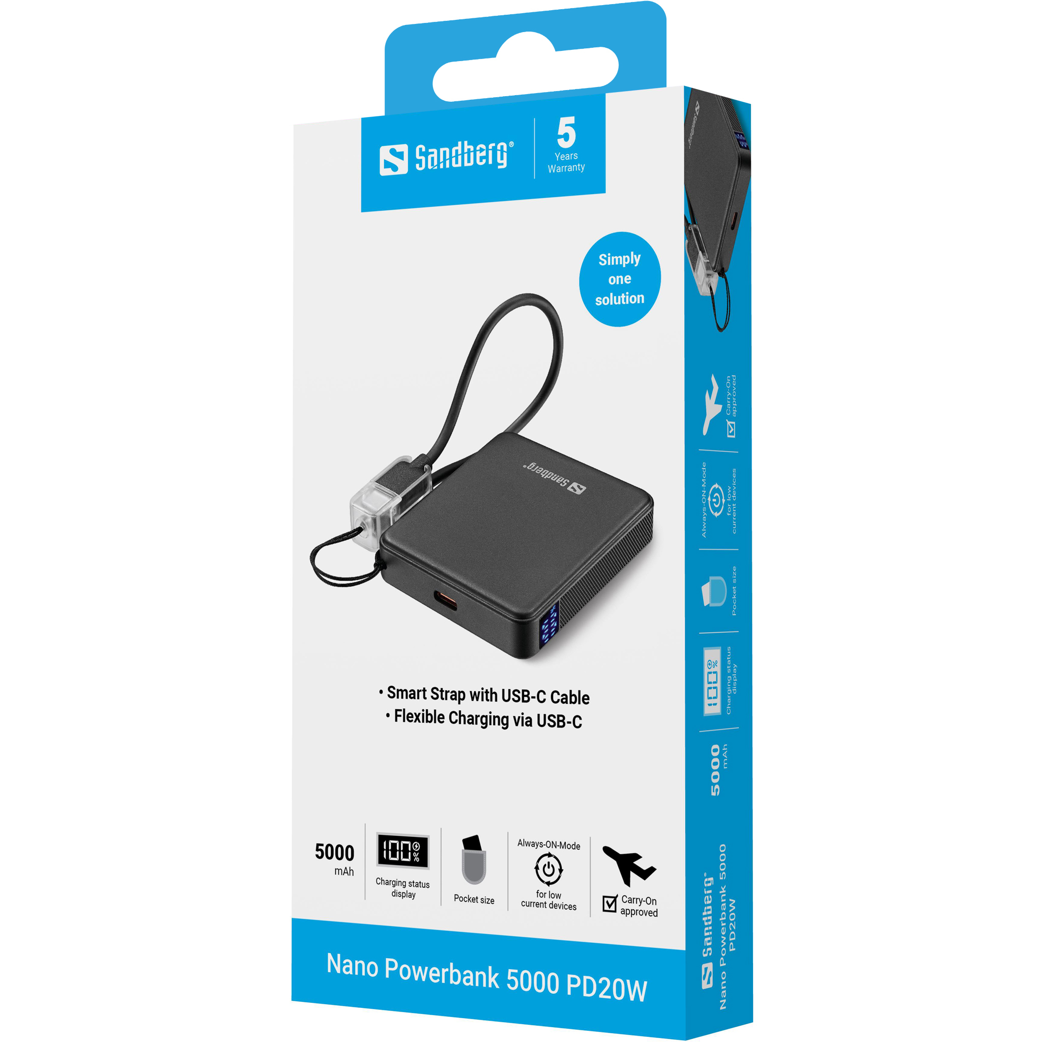 Powerbank noire Sandberg Nano 5000 PD20W avec câble USB-C, garantie 5 ans.