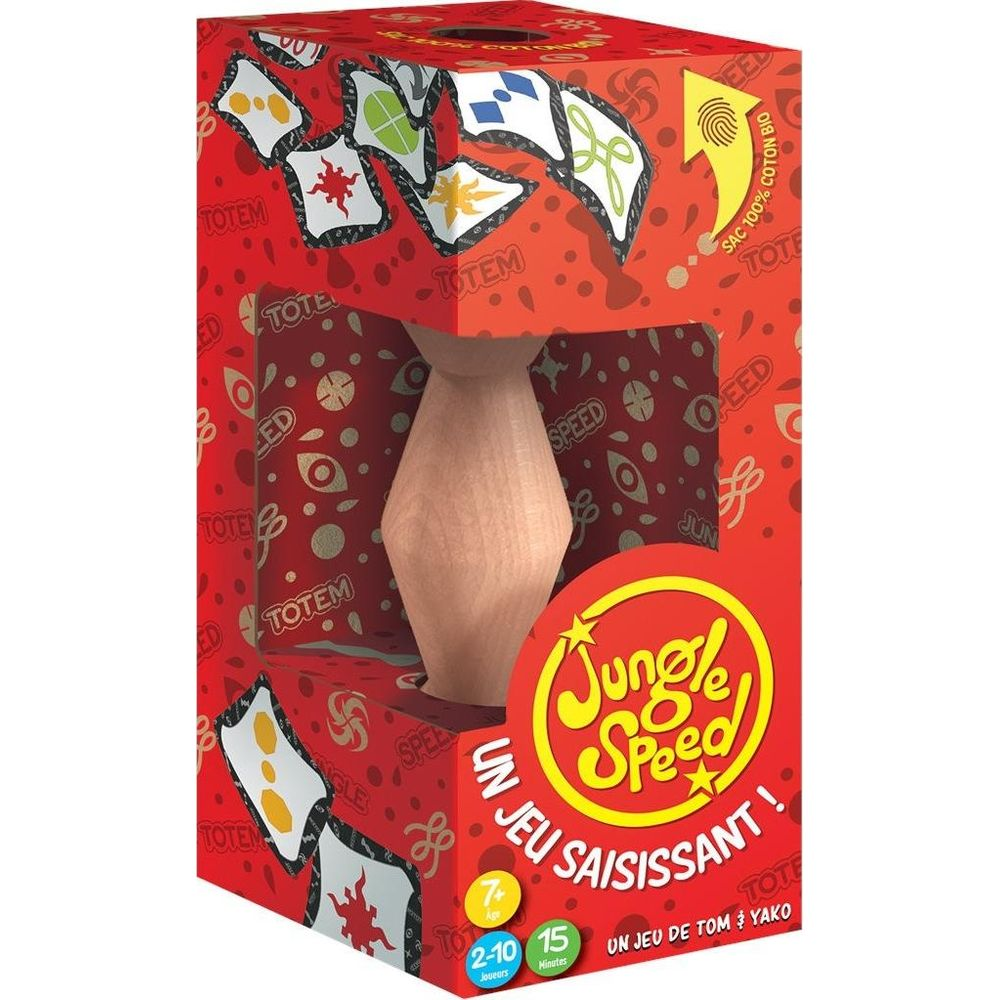 Rote Schachtel für das Spiel Jungle Speed, zeigt einen Holztotem und bunte Karten.