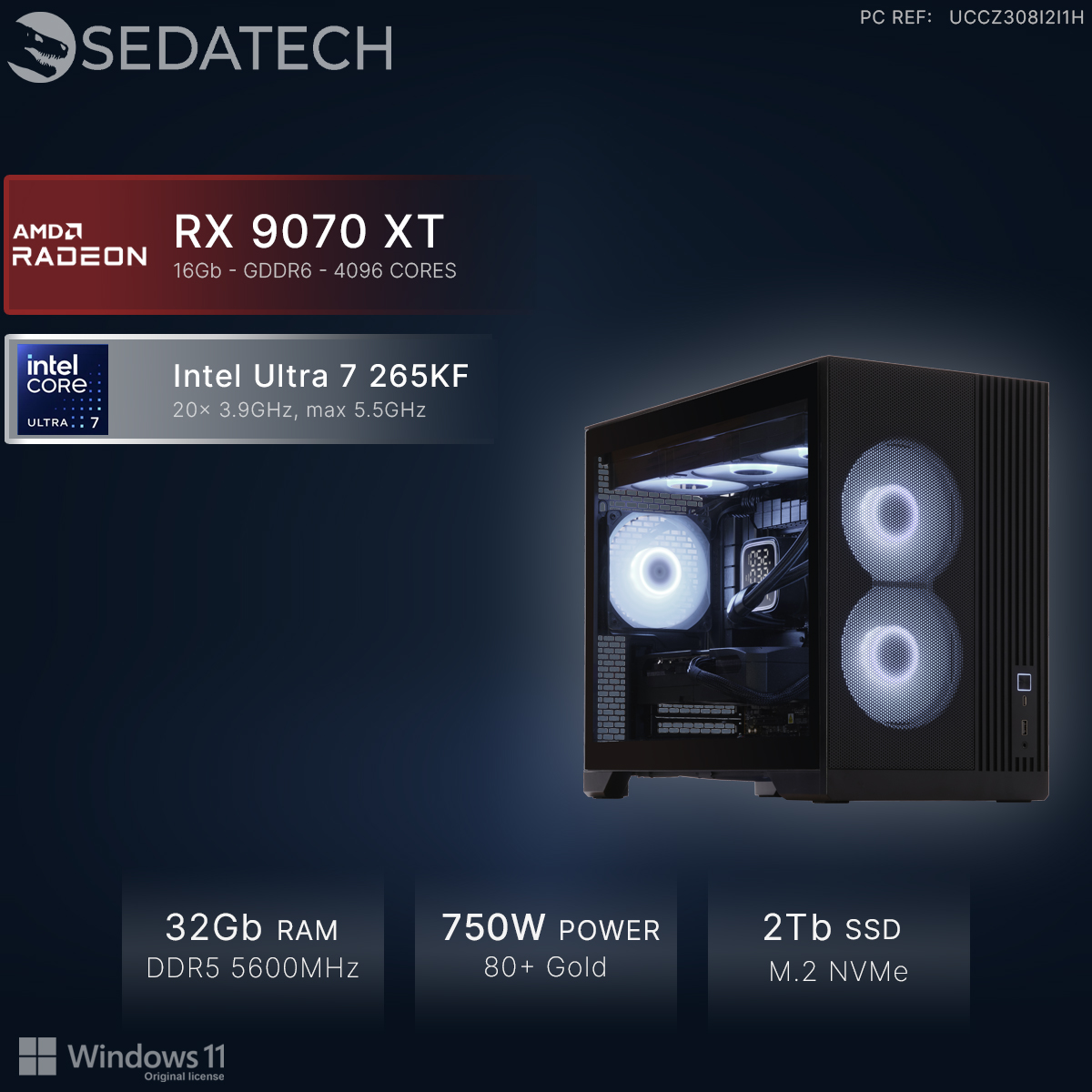 PC gamer negro con ventiladores RGB, AMD RX 9070 XT, Intel Ultra 7, 32 GB RAM.