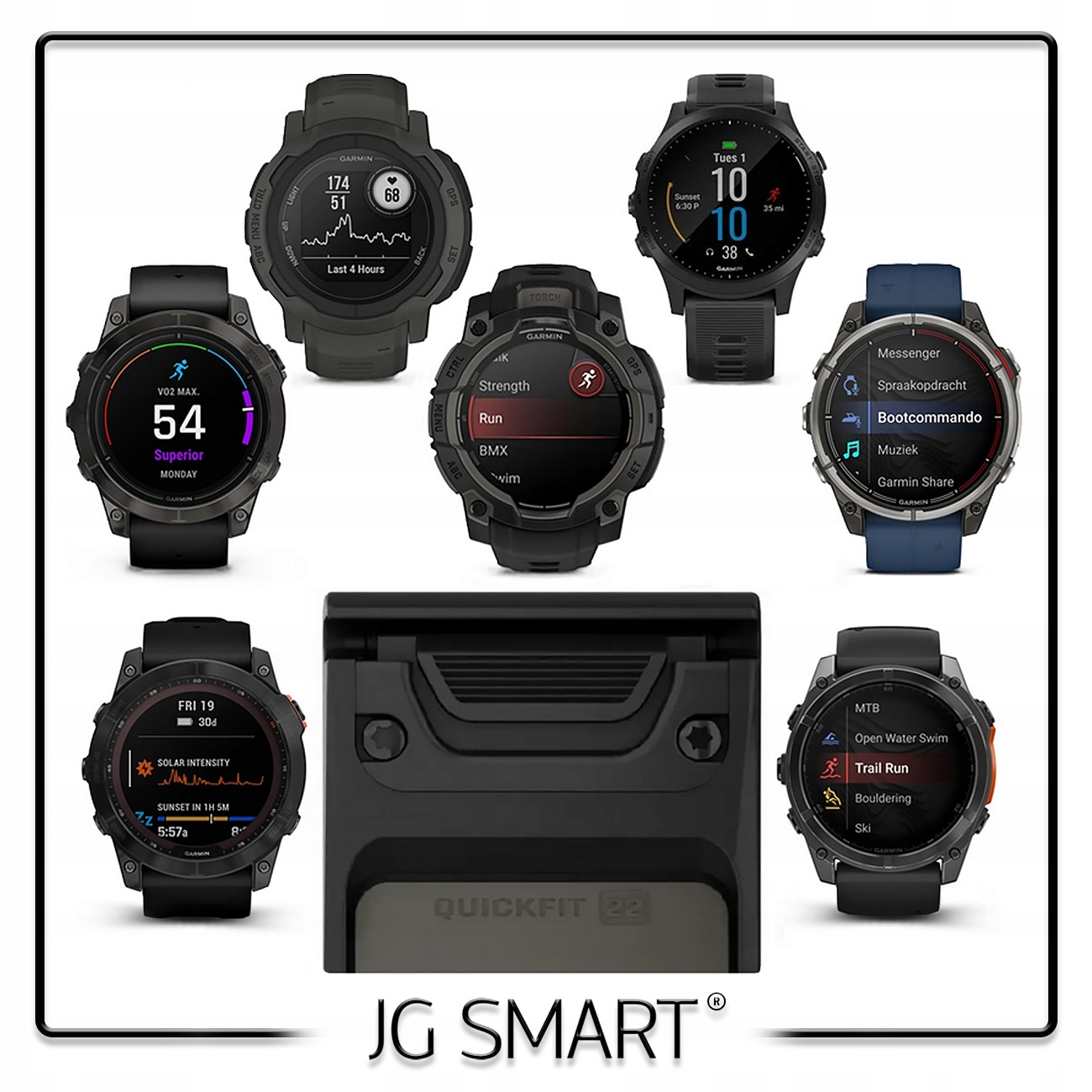 Wiele zegarków Garmin na białym tle, niektóre pokazują dane sportowe.