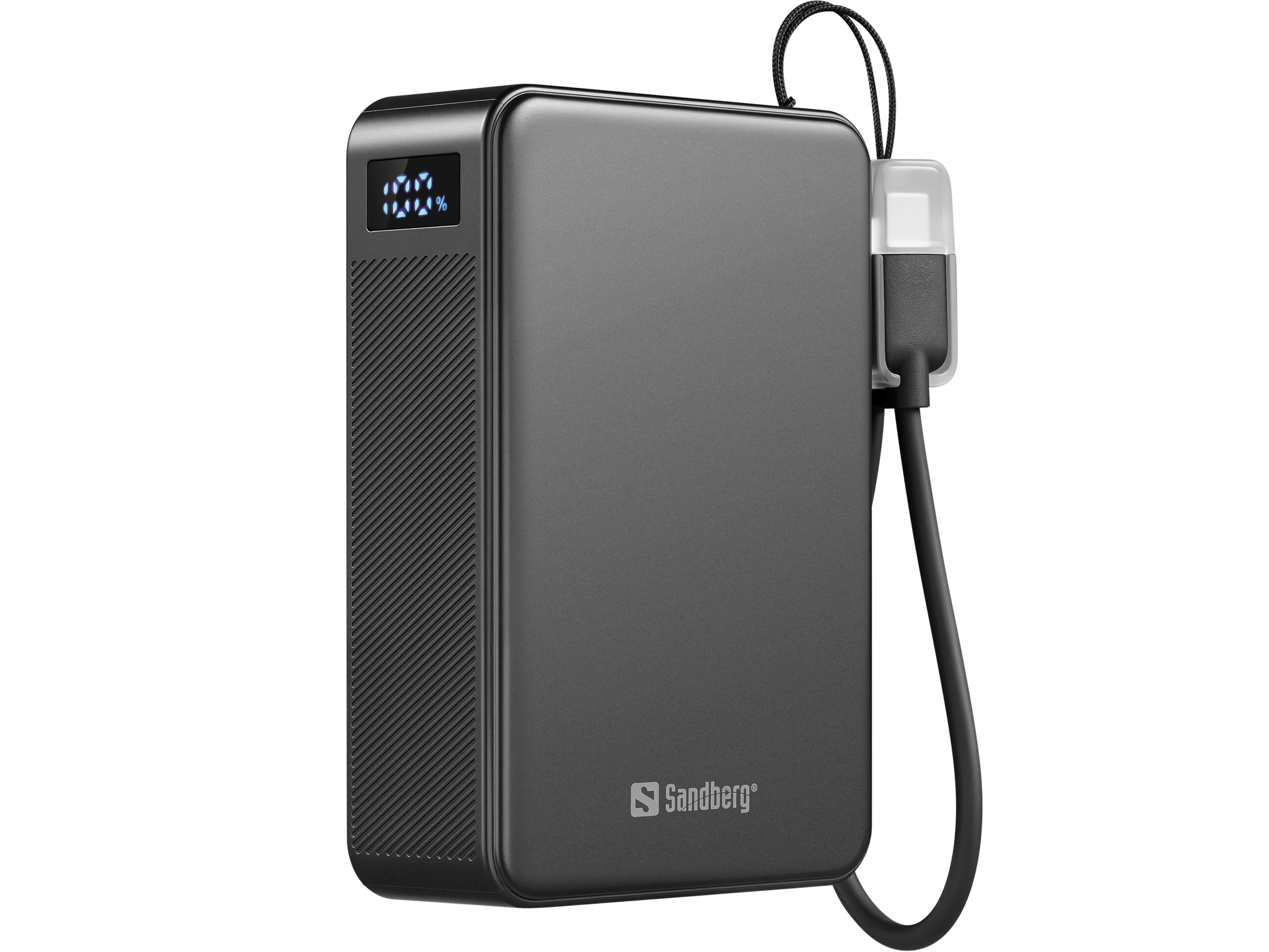 Batterie externe grise avec indicateur de charge et câble.