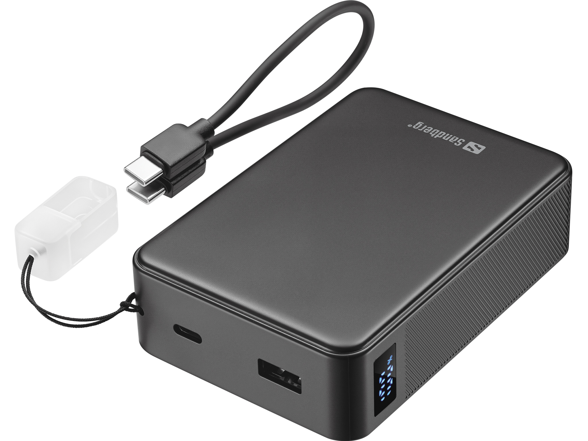 Batterie externe noire Sandberg avec câble USB-C et housse de protection.