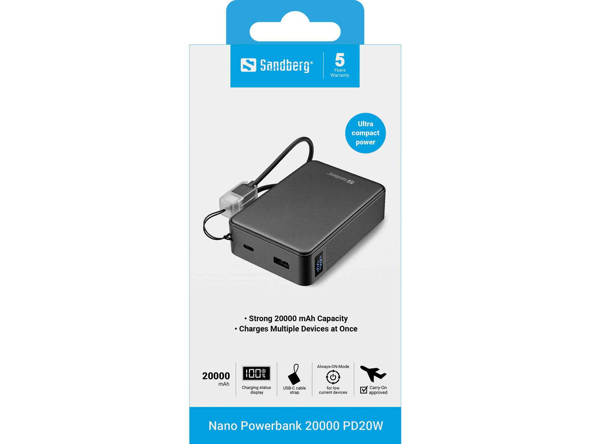 Batterie externe noire Sandberg Nano 20000 PD20W avec câble de charge et info garantie.