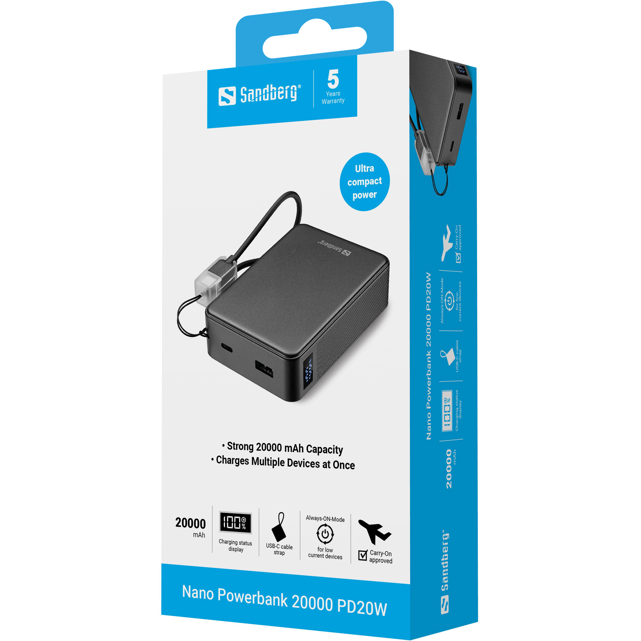 Sandberg Nano Powerbank 20000 PD20W avec 20000 mAh, affichage de charge, câble USB-C.