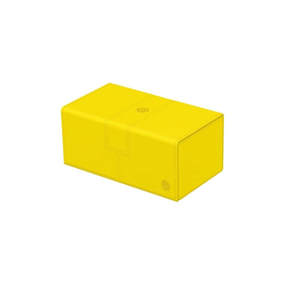 Une boîte de rangement jaune avec coutures et logo.