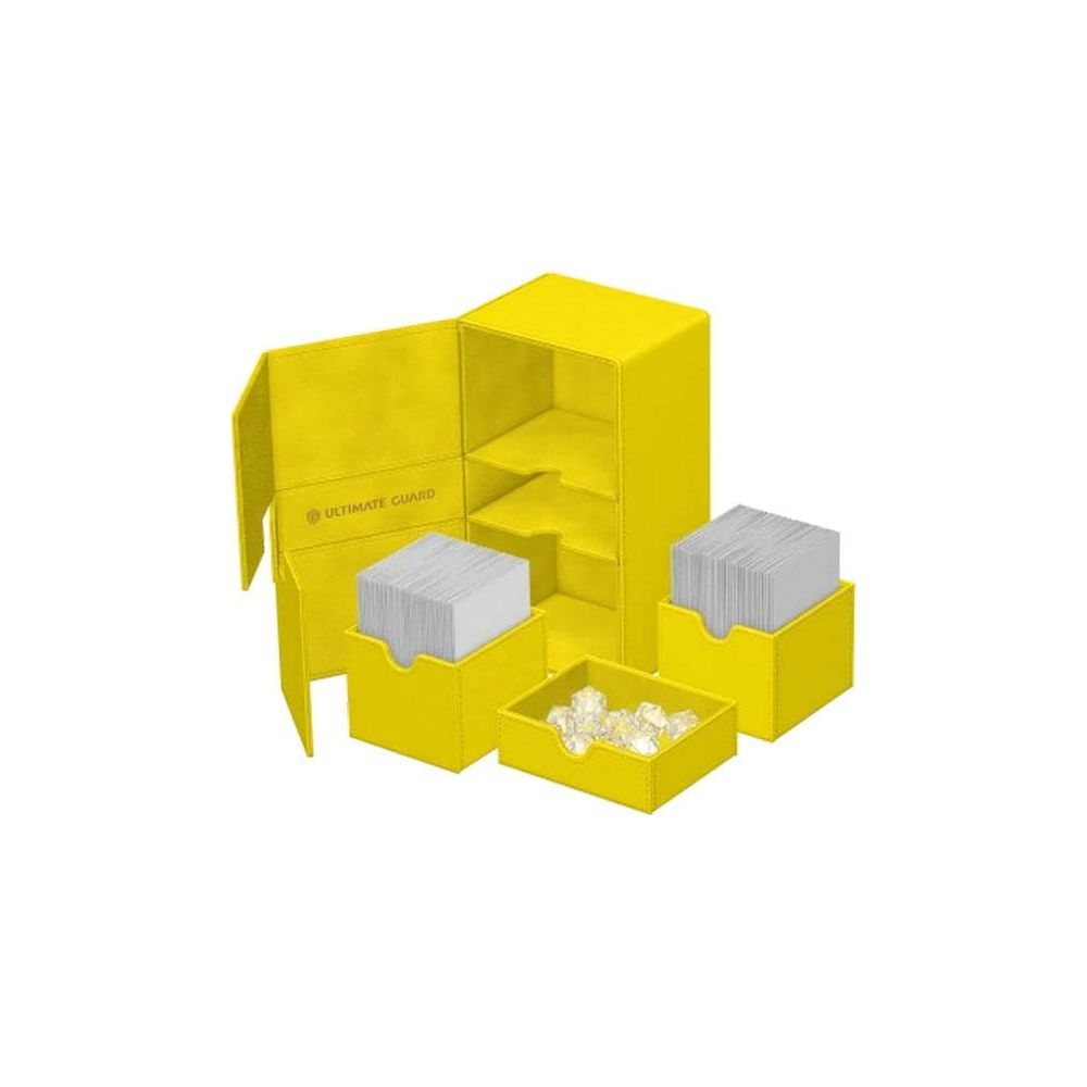 Porte-cartes jaune avec compartiments, deux piles de cartes et dés.