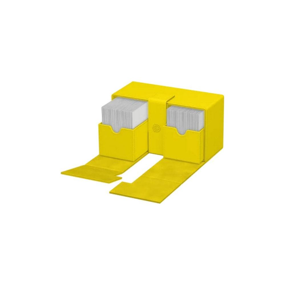 Un porte-cartes jaune avec deux compartiments et rabats ouverts.