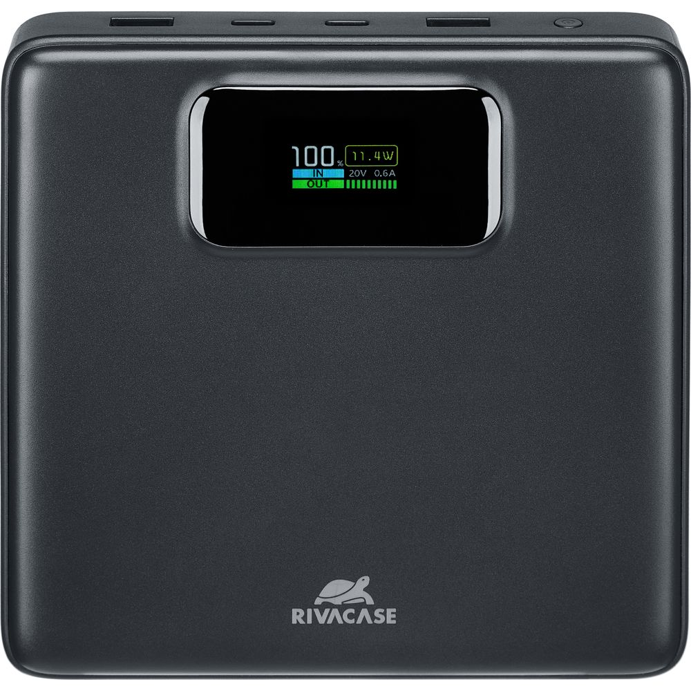 Batterie externe RIVACASE noire avec écran numérique indiquant 100% de charge.
