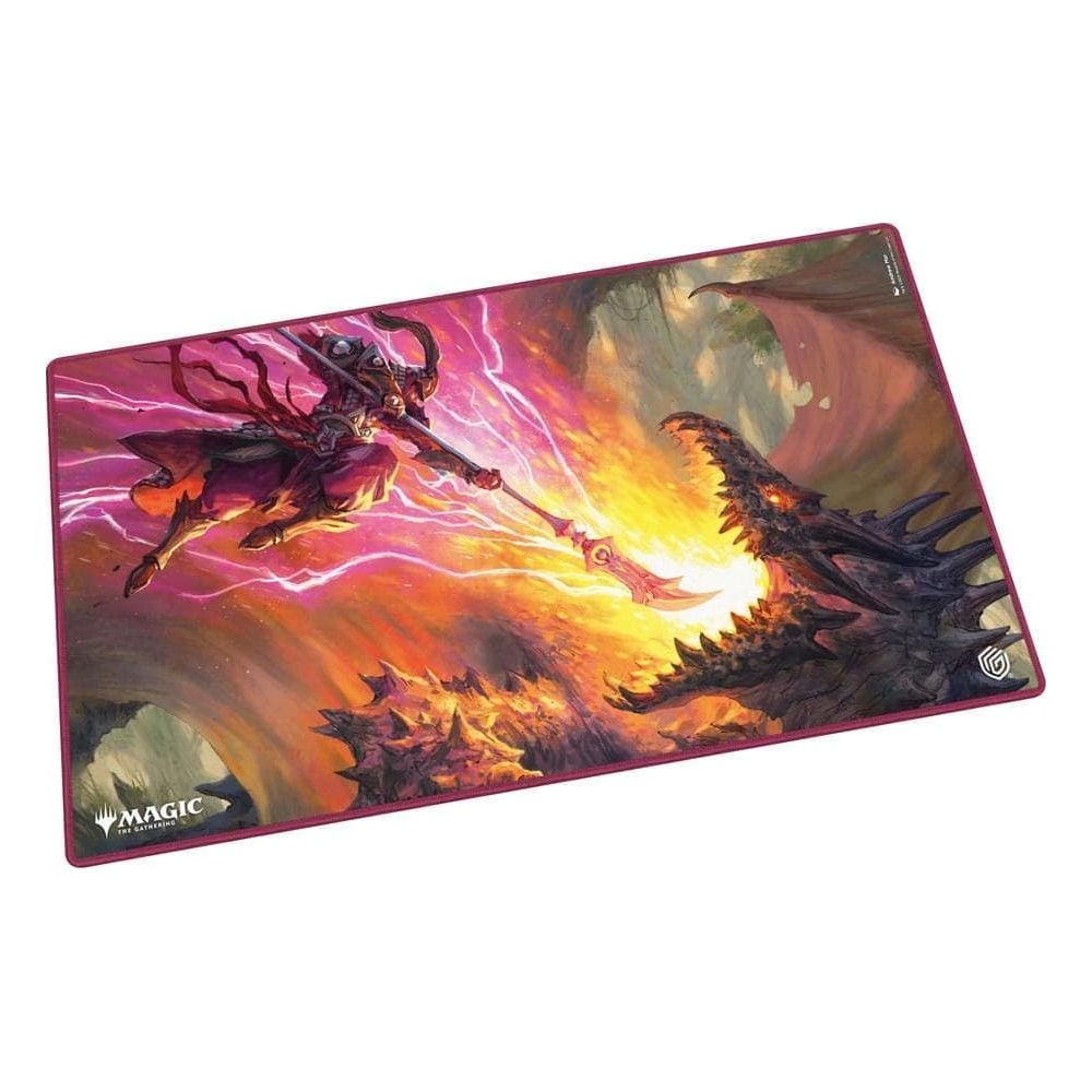 Ein Krieger mit einem Speer kämpft gegen einen Drachen inmitten von Blitzen.
