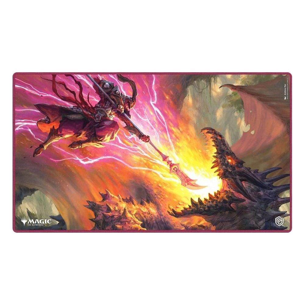 Ein Krieger mit einem Speer kämpft gegen einen Drachen vor einem hellen Licht.