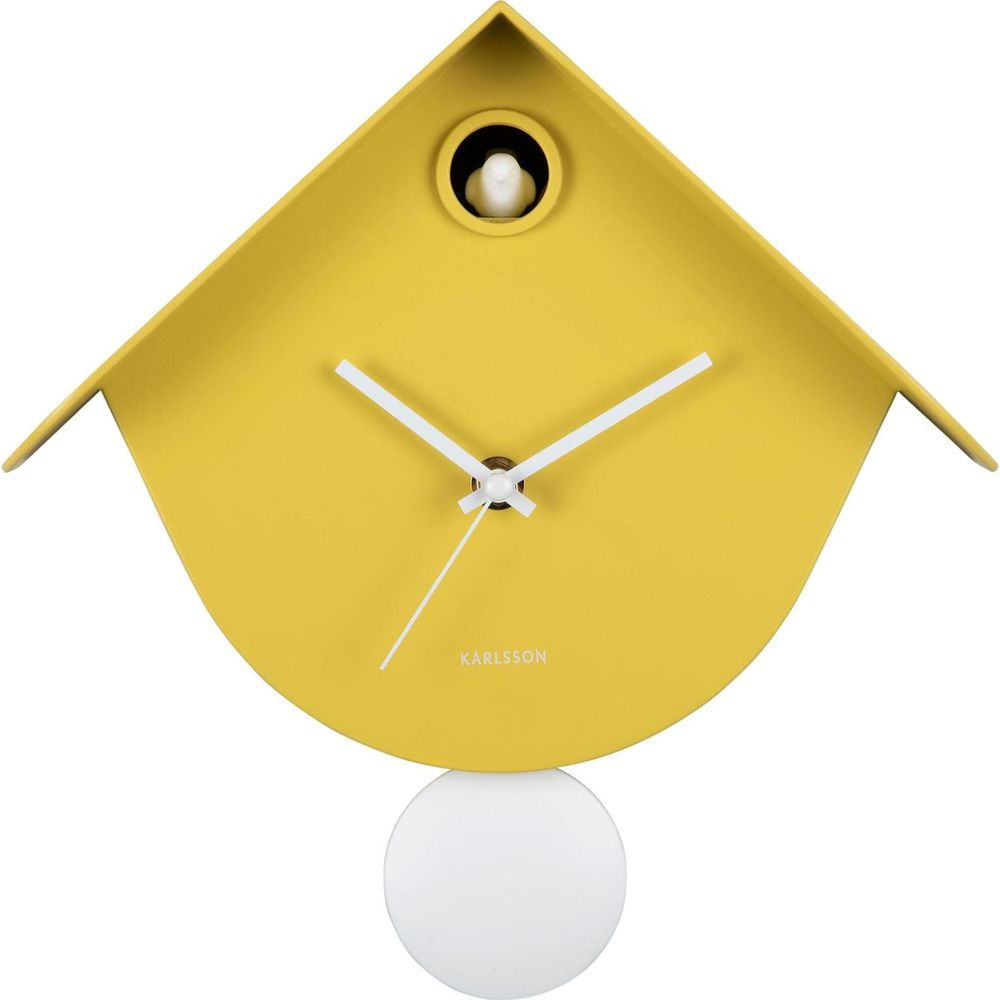 Gelbe Wanduhr in Vogelhausform mit Pendel und Vogel