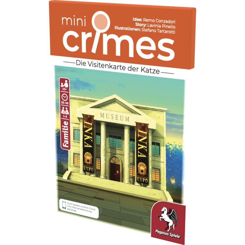 Box-Art für das Brettspiel 'mini crimes' mit einem Museum und Inka-Bannern.