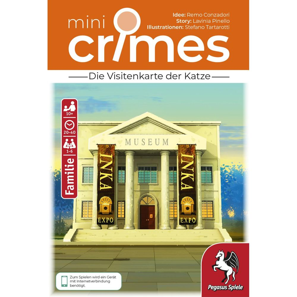 Brettspielcover: Museum mit Säulen, Banderolen 'INKA EXPO'. Text 'mini crimes'.