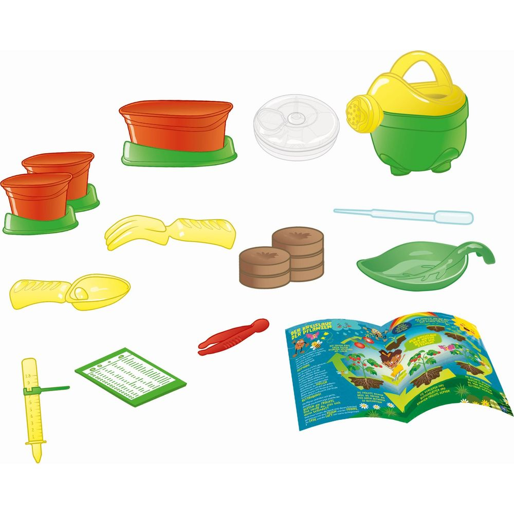 Gartenset mit Töpfen, Werkzeugen, Gießkanne, Pipette, Blatt, Samen und Anleitung.