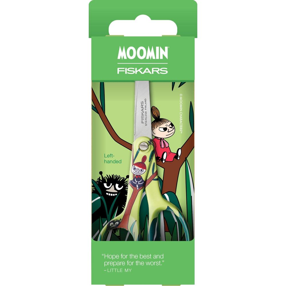 Linkshänder-Schere mit Mumin-Motiv, gelb, mit Little My und Stinky.