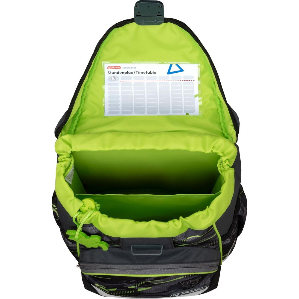 Ein offener grauer und grüner Rucksack mit einem Stundenplan-Fenster im Deckel.