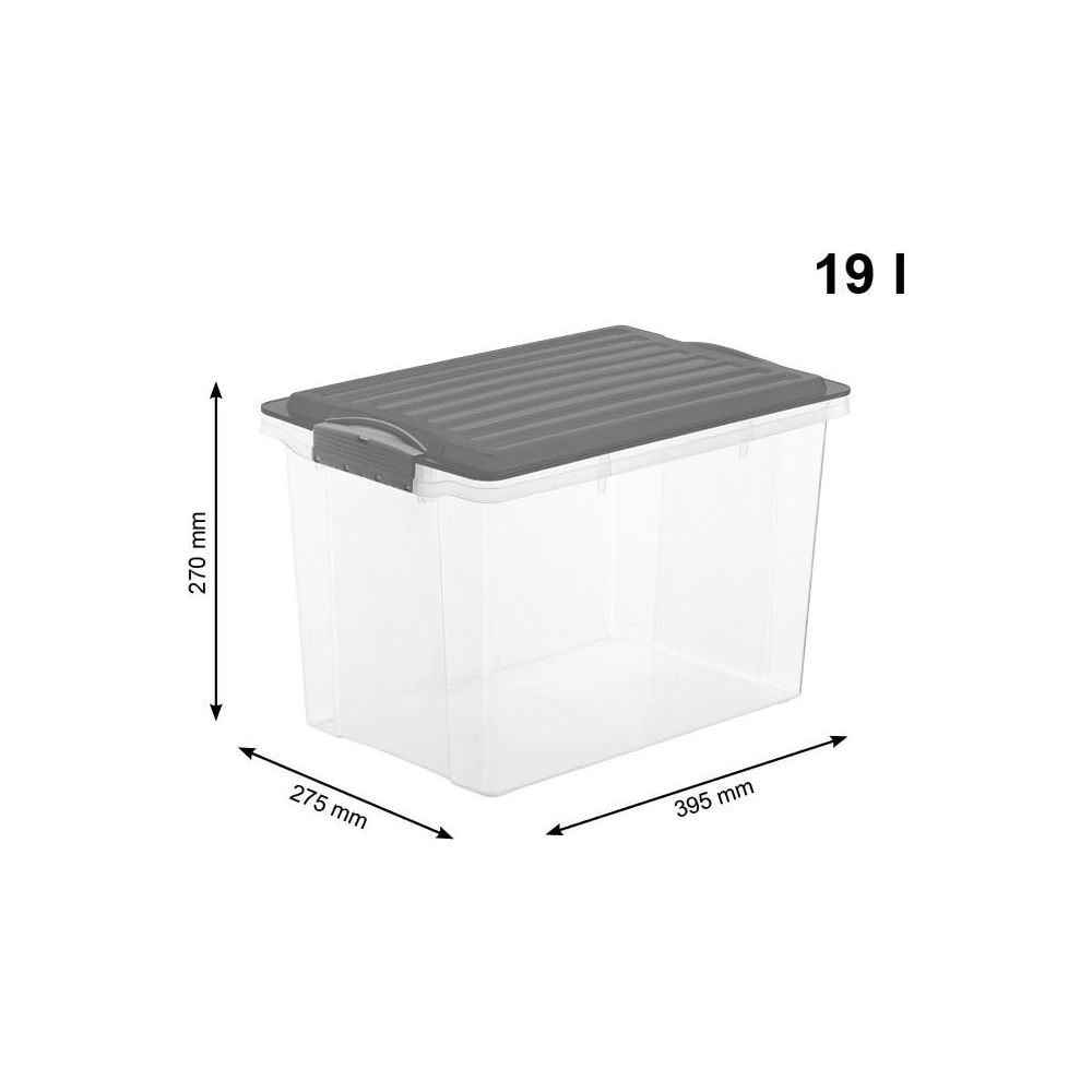 Transparenter 19-Liter-Aufbewahrungsbehälter mit grauem Deckel und Maßen.