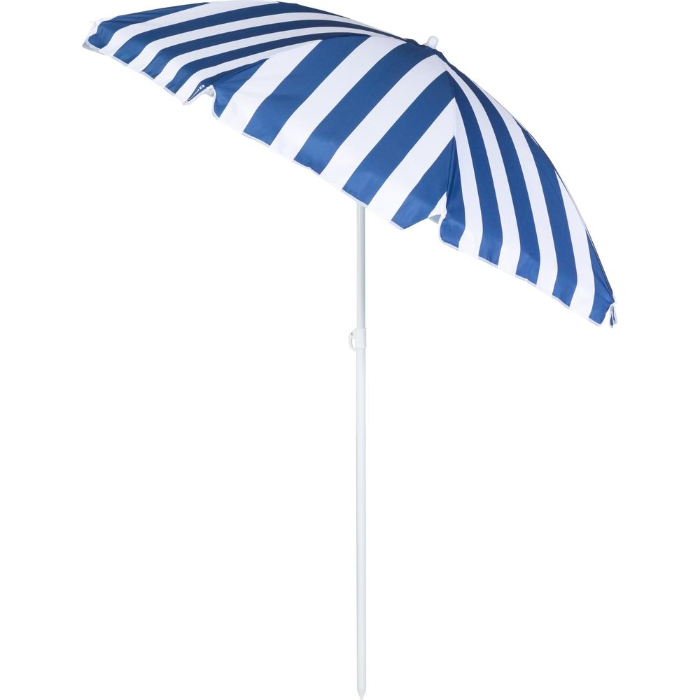 Un ombrellone da spiaggia a righe blu e bianche con palo bianco su sfondo bianco.
