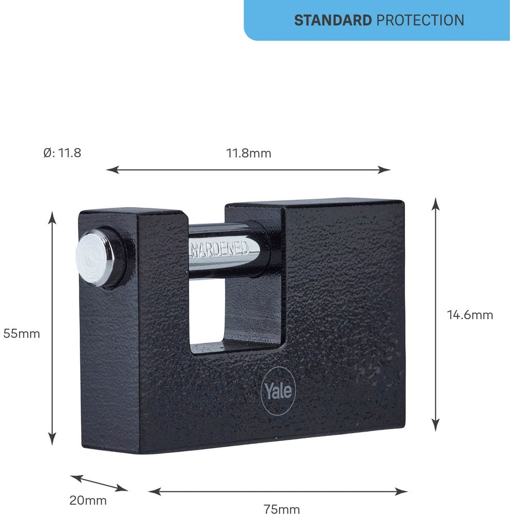 Schwarzes Yale-Vorhängeschloss mit Maßen: 55mm Höhe, 75mm Breite, 20mm Tiefe.