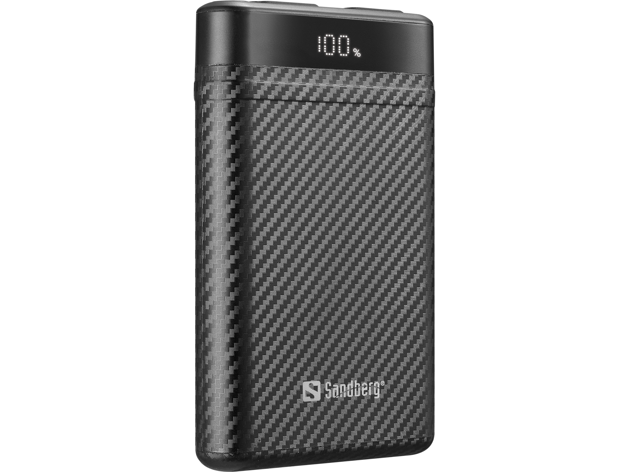 Power bank nera con design in fibra di carbonio, carica 100%.