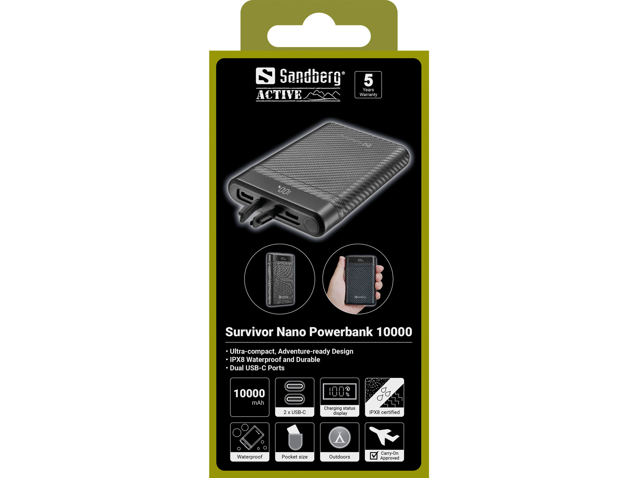 Sandberg Survivor Nano Powerbank 10000 mAh, nero, texture fibra di carbonio, certificato IPX8.