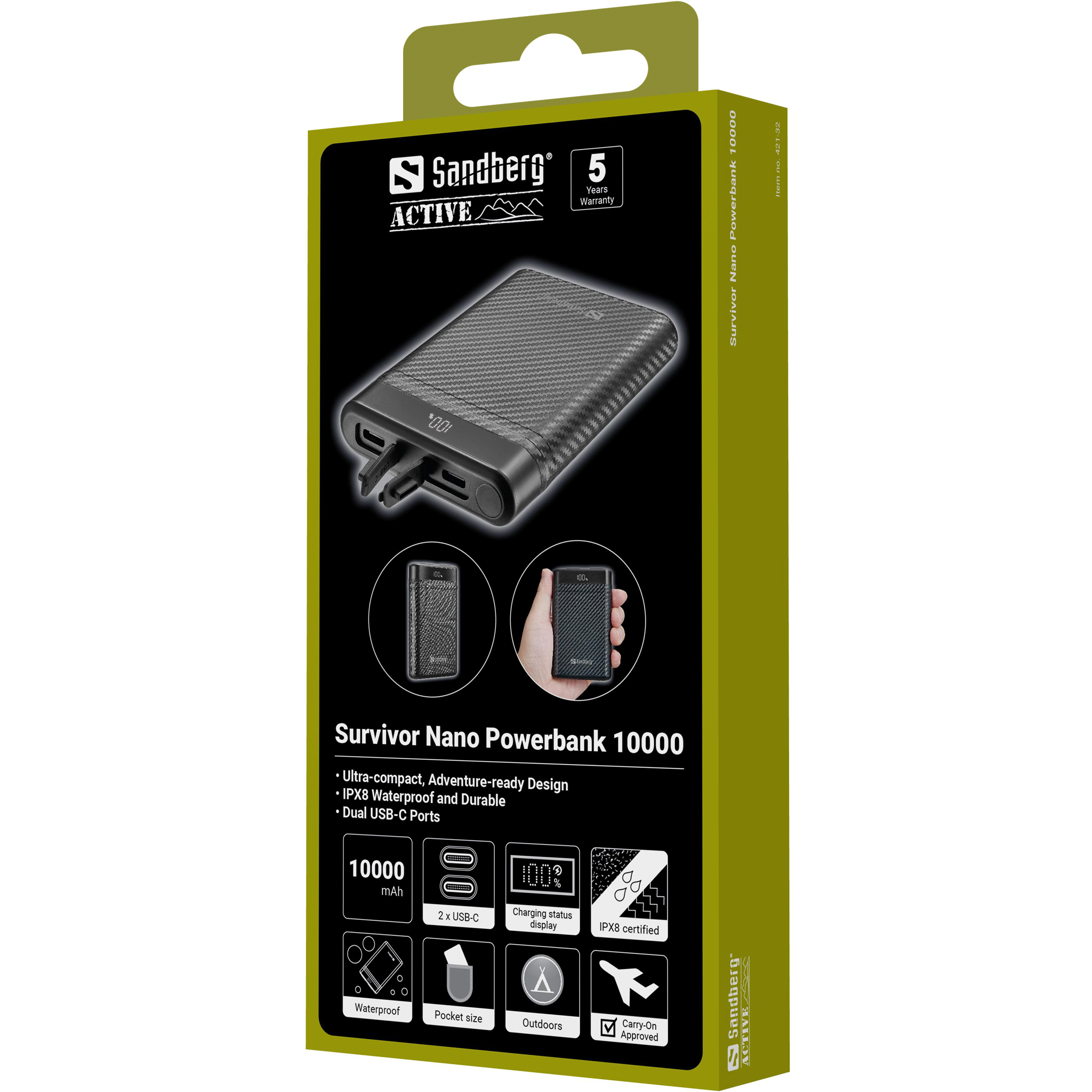 Confezione Sandberg Survivor Nano Powerbank 10000. Presenta un powerbank grigio scuro.