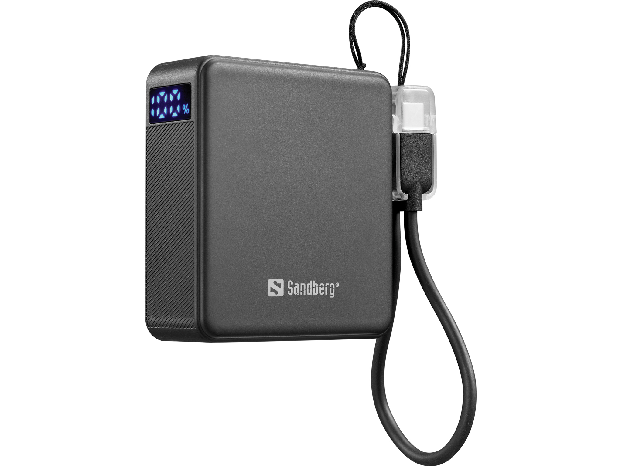 Batterie externe Sandberg grise avec écran bleu et câble de chargement.