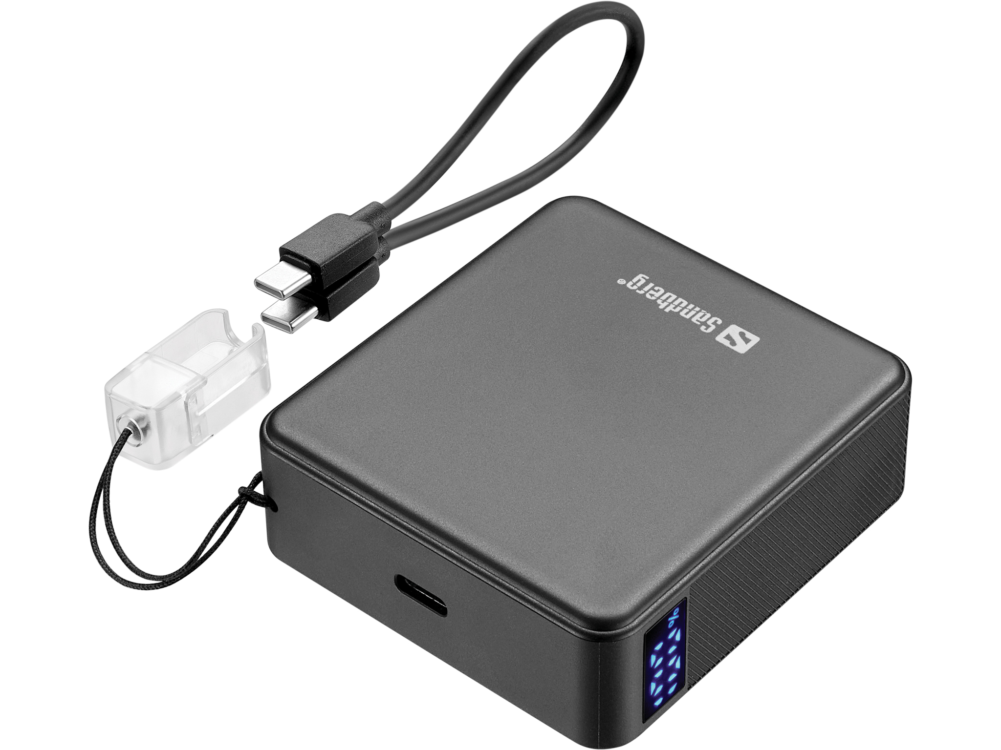 Batterie externe grise avec câble USB-C et indicateur de charge.