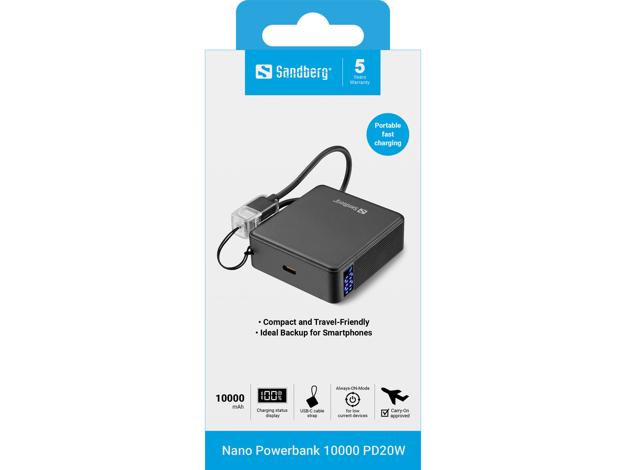 Sandberg Nano Powerbank 10000 PD20W avec câble USB-C, indicateur de charge, garantie 5 ans.
